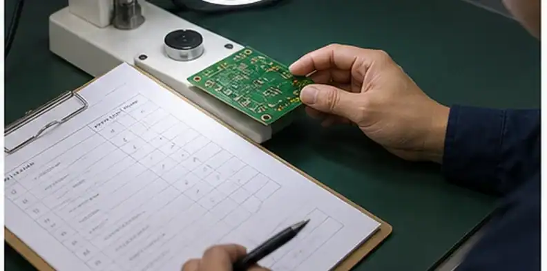 First-article PCB sample inspected under microscope before repeat production