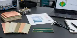 RF laminate samples and a Rogers RO4000 family decision matrix reviewed beside an impedance coupon