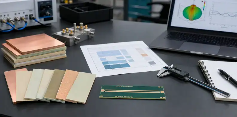RF laminate samples and a Rogers RO4000 family decision matrix reviewed beside an impedance coupon