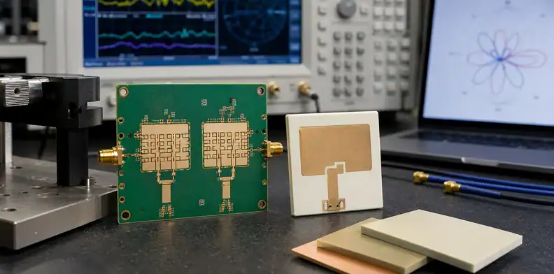 Compact antenna layout and 77 GHz radar coupon reviewed against high-Dk and RO4830 laminate samples