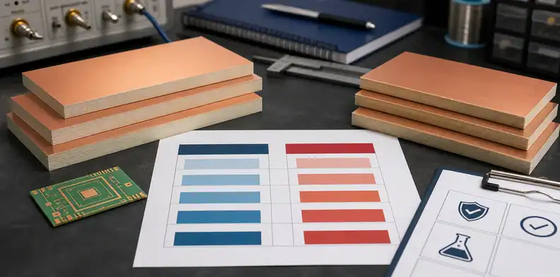 RF material selection matrix comparing RO4003C and RO4350B for loss and V-0 requirements