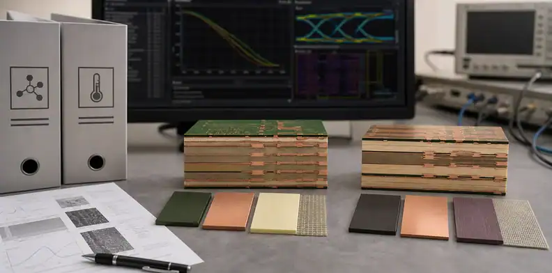 Material compliance documents and two low-loss PCB stack-up candidates under engineering review