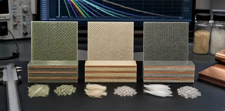 Three woven-glass laminate samples compared beside stack-up models and a channel-loss plot