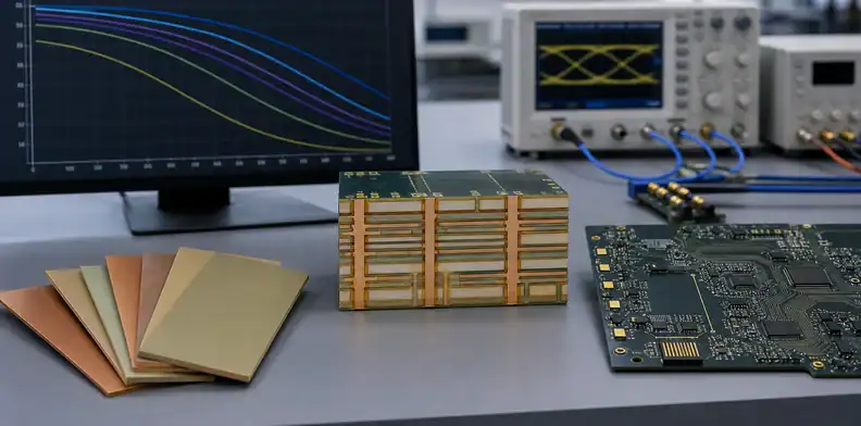 Low-loss laminate samples, a multilayer PCB cross-section, and channel-loss analysis on an engineering desk
