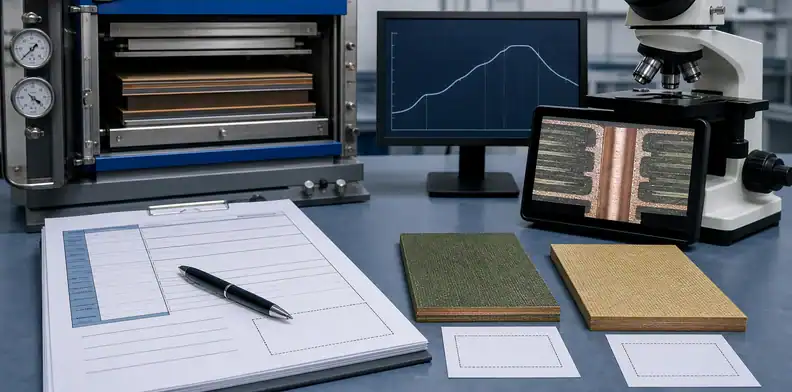 PCB press profile, drilled-hole inspection, process traveler, and alternate laminate review