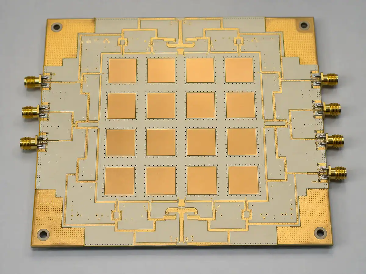 4x4 phased array radar PCB with patch antenna elements and microstrip feed network