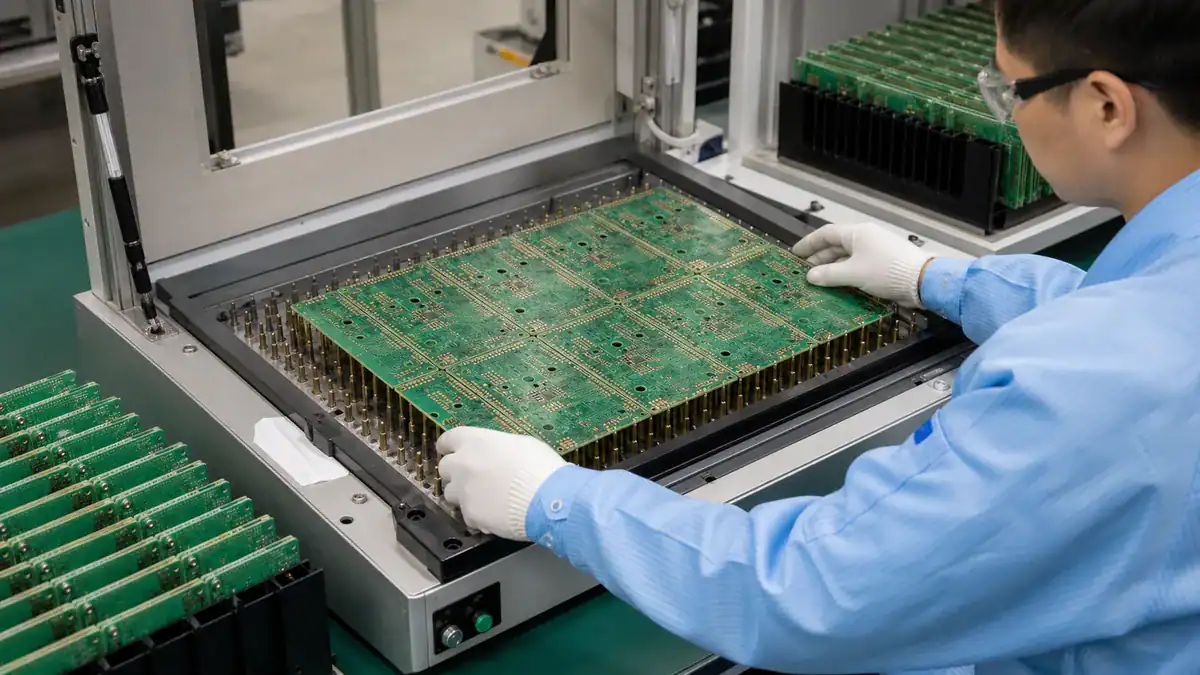 Bare PCB panel loaded into a bed-of-nails electrical test fixture before assembly