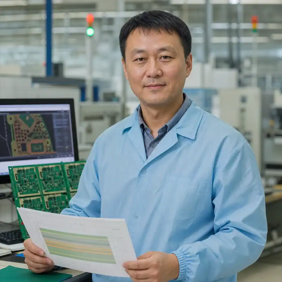 Engineering lead reviewing PCB stackup and fabrication data in a PCB manufacturing office