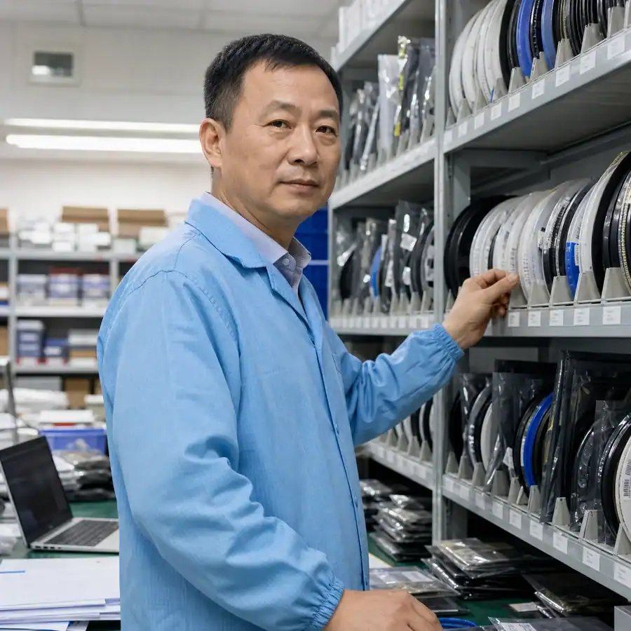 Procurement lead checking component reels and sourcing records for PCBA production