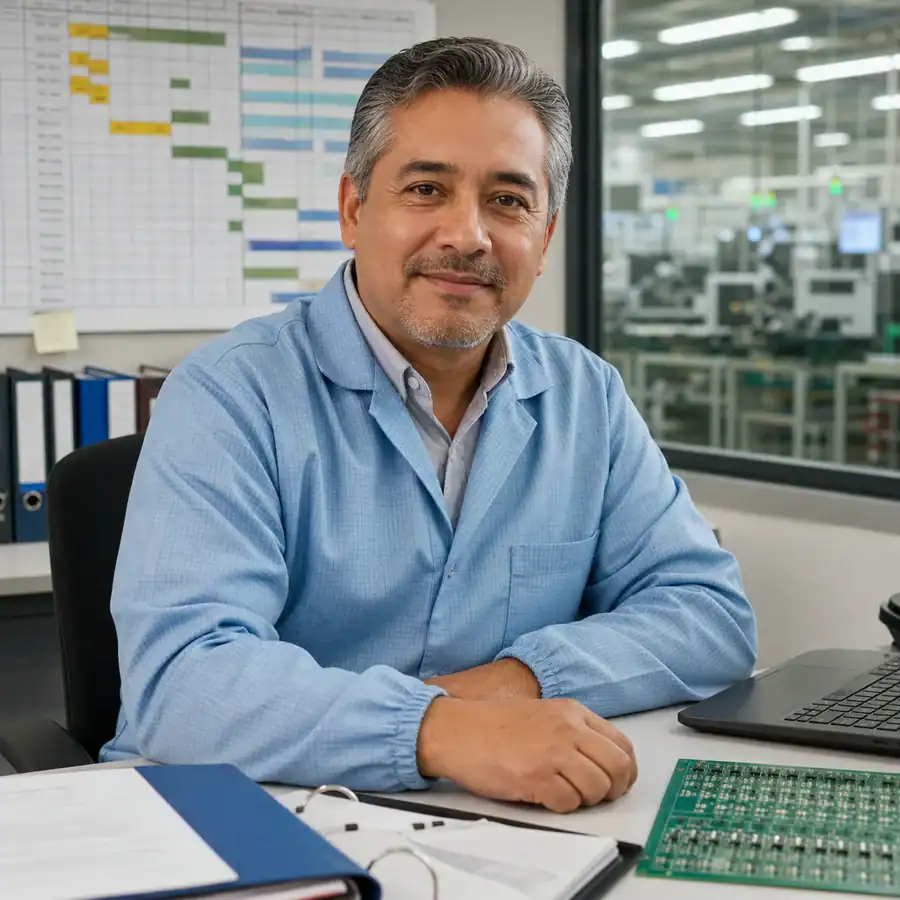 Project manager coordinating PCB and PCBA production schedules in an electronics manufacturing office