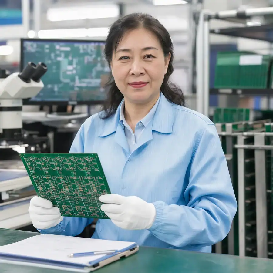 Quality manager wearing ESD gloves inspecting a bare PCB panel in the quality control area