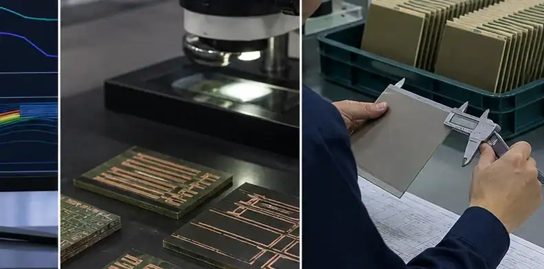 Calipers and substrate trays show BT substrate lamination stack approval evidence.