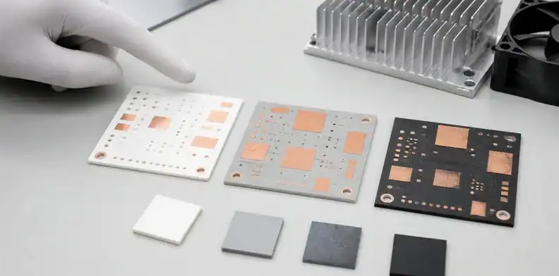 Material coupons show ceramic pcb thermal conductivity differences for alumina, AlN, and silicon nitride.