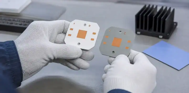 A lab technician compares alumina and AlN options for a ceramic pcb for high power led.