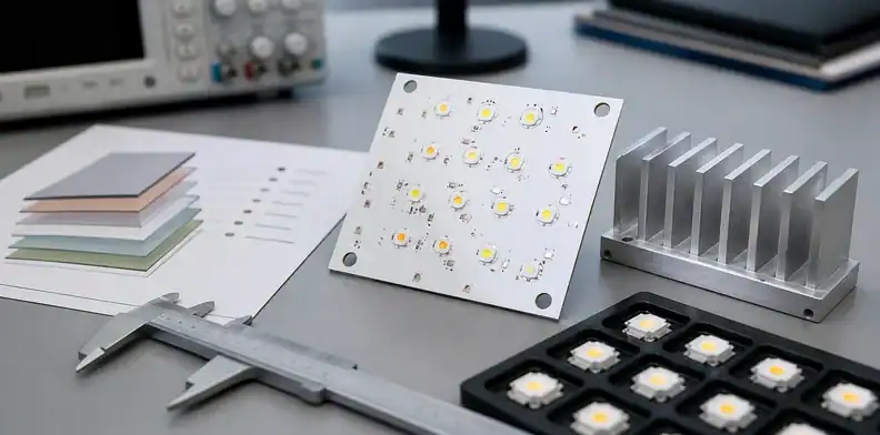 Aluminum pcb led RFQ review with LED board heat path and stackup notes on an engineering desk