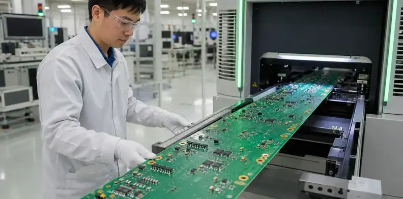 An engineer confirms fiducials and machine clearance before large PCB AOI inspection.