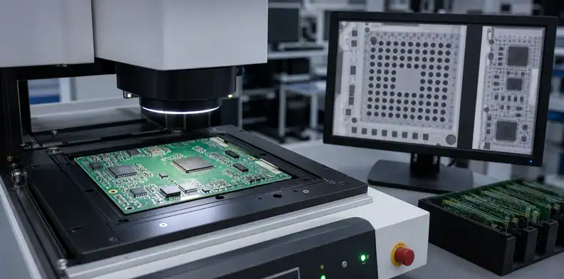 An AOI station shows ai pcb manufacturing evidence for visible defects and hidden solder joint inspection.
