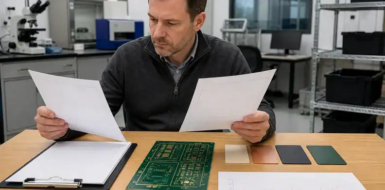 A buyer marks repeated test evidence needed for hybrid PCB material substitution release
