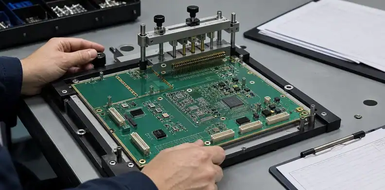 A PCBA fixture check shows how hybrid PCB warpage affects connector and component fit