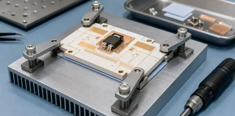 A heat sink fixture and ceramic board show ceramic pcb cte review during mounting load checks.