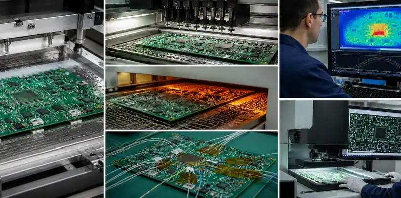 Printing, reflow profiling and AOI validate the assembled large PCB first article route.