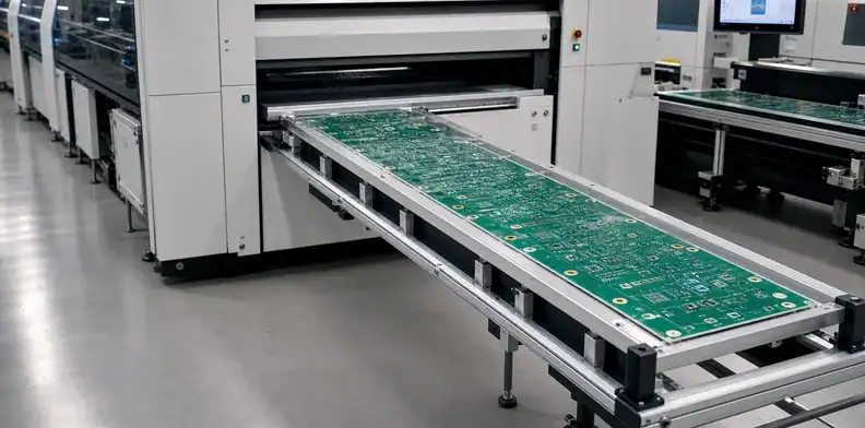 A supported long board entering an SMT conveyor shows an assembly limit on maximum PCB size.