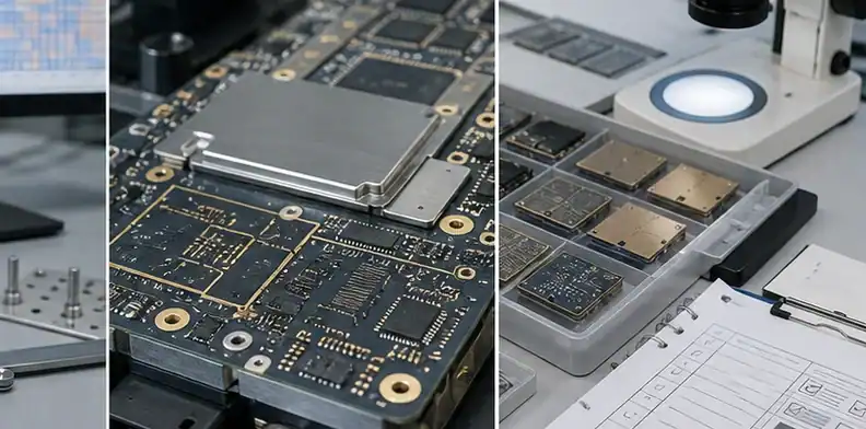Inspection tools and samples show BT PCB automotive reliability documentation review.