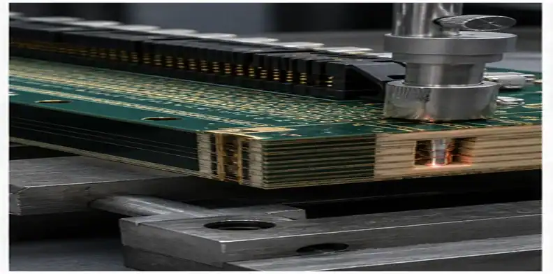 A high-speed backplane PCB backdrill review shows a thick connector board, drill fixture, and via transition area.