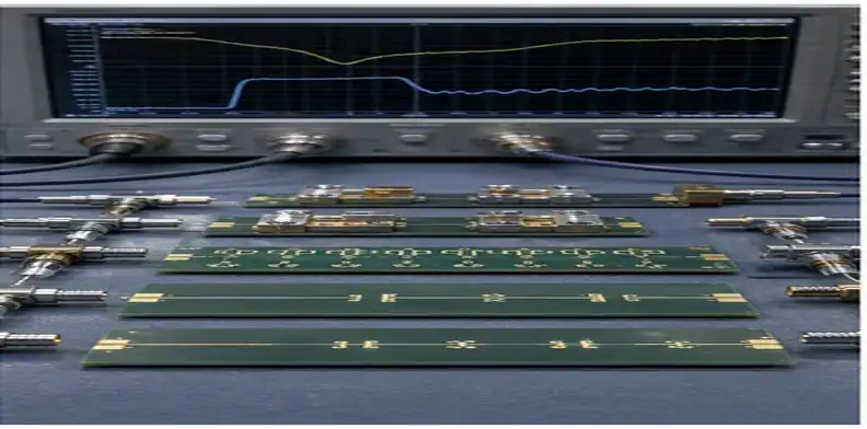 A high-speed backplane PCB coupon test scene shows impedance coupons, coax fixtures, and abstract measurement traces.