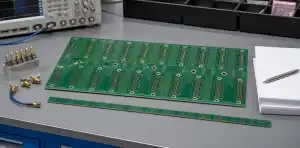 A high-speed backplane PCB RFQ scene shows a flat connector board, coupon strip, coax fixtures, and blank review papers.
