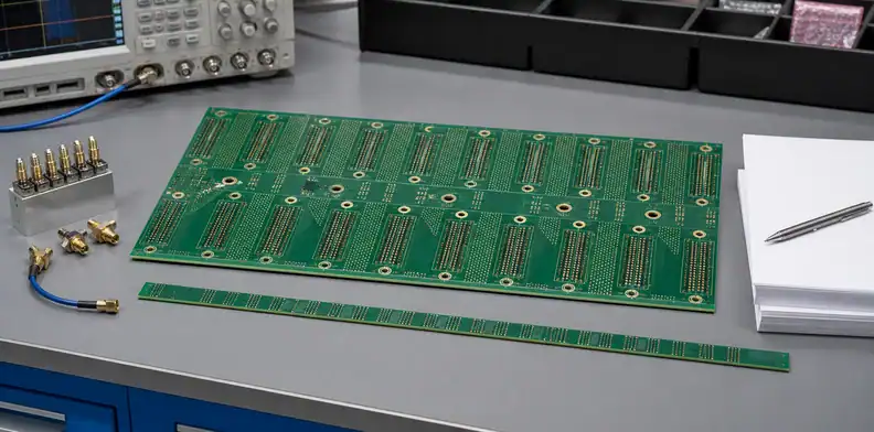 A high-speed backplane PCB RFQ scene shows a flat connector board, coupon strip, coax fixtures, and blank review papers.