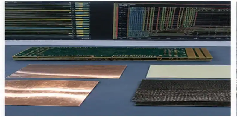 A high-speed backplane PCB stackup review shows route layers, dielectric sheets, copper foil, and board samples.