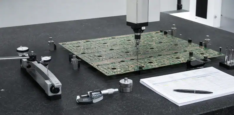 Dimensional and flatness inspection records the bare large PCB first article condition.