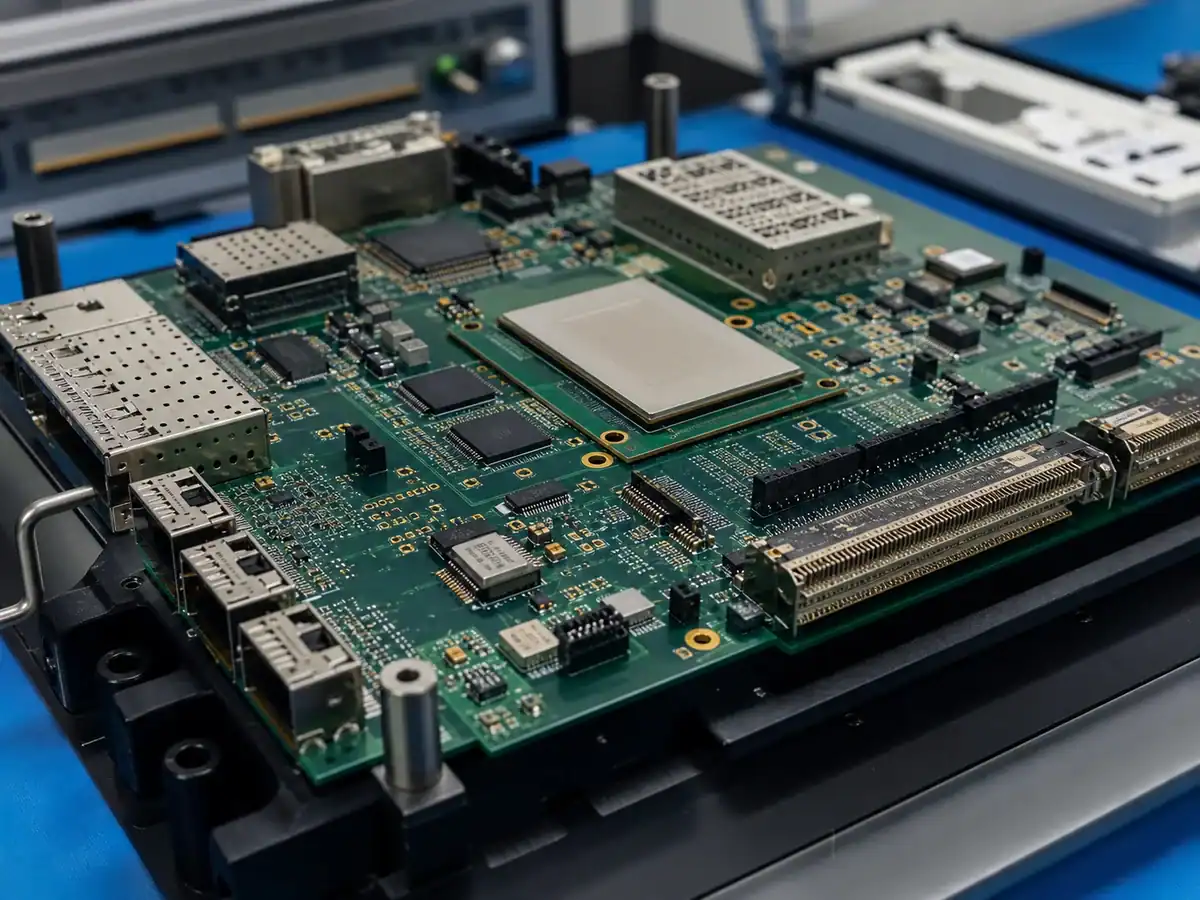 Communications mixed assembly PCB with high-speed connectors RF shields and SMT processors
