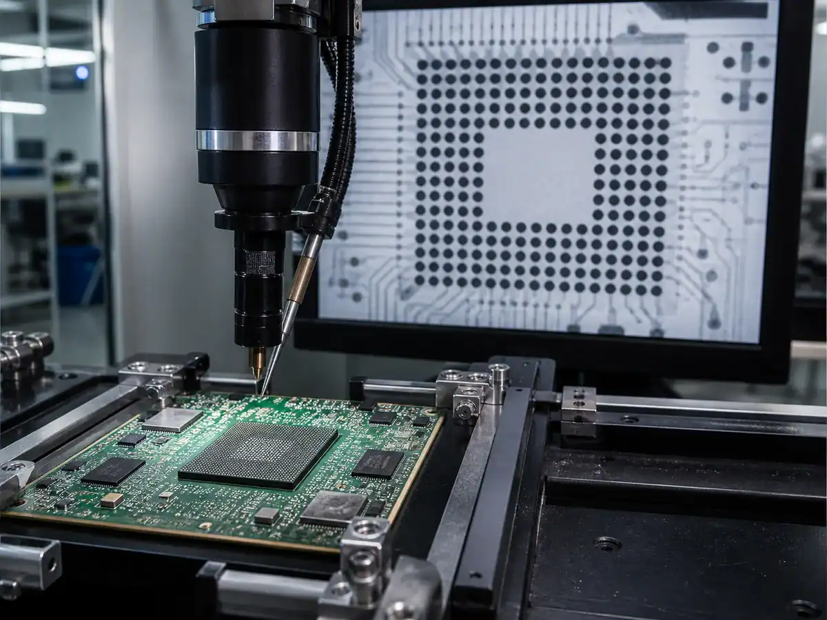 BGA assembly X-ray inspection showing solder ball array on a high-density PCB