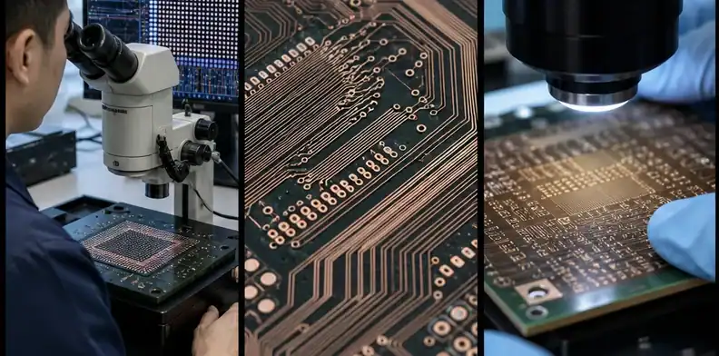 A microscope review shows BT fine-line and fine-pitch BGA escape routing.