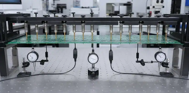 Deflection measurement distinguishes fixture-induced flex from electrical failure in a large PCB test fixture.