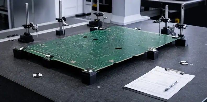 Datum points and calibrated height readings verify large PCB warpage control evidence.