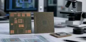 A BT organic package substrate shows BGA pads used in advanced packaging review.