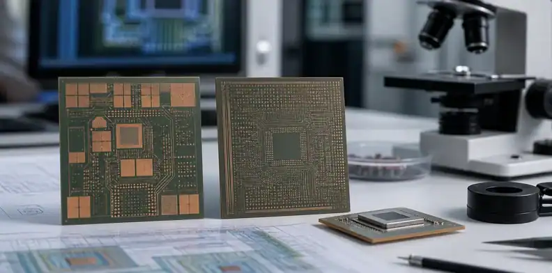 A BT organic package substrate shows BGA pads used in advanced packaging review.