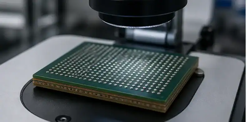 A BGA package substrate is inspected under magnification during a BT PCB capability check.
