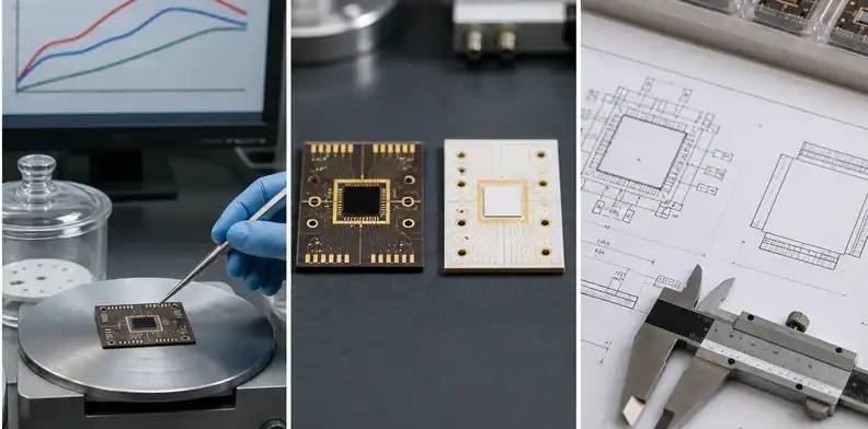 Organic and ceramic samples compare BT substrate for MEMS sensor packaging material choices.