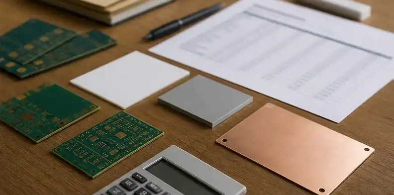 BT and ceramic samples are compared beside quote papers and a calculator for cost review.