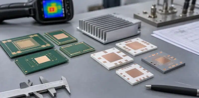 BT laminate boards and ceramic substrate samples show the material split for thermal decisions.