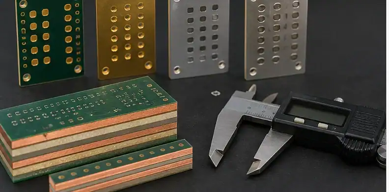 Surface finish coupons and stack samples show manufacturing choices that affect BT PCB cost.