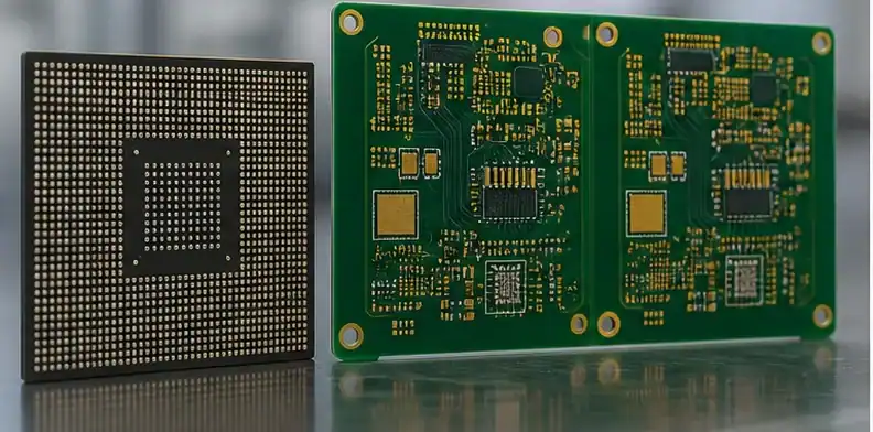 A BGA substrate coupon and standard PCB panel show the boundary between BT and FR-4 use.