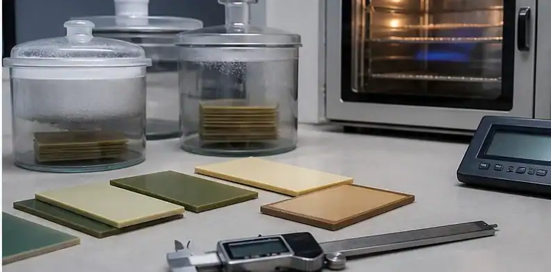 Laminate coupons are reviewed near a thermal chamber and calipers for BT substrate versus FR-4 screening.