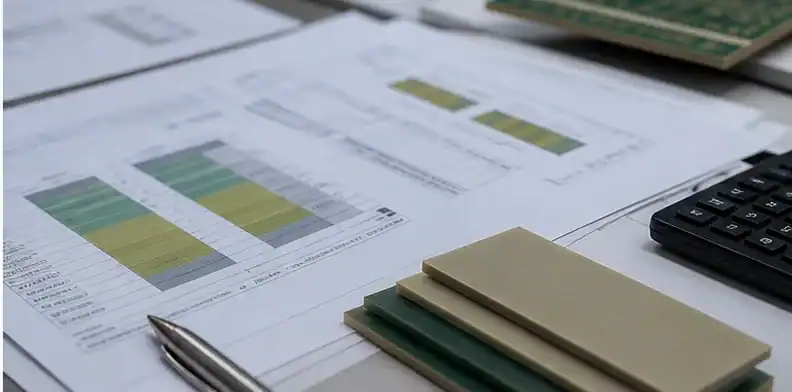 Blurred stackup sheets and material samples support a BT substrate versus FR-4 RFQ comparison.