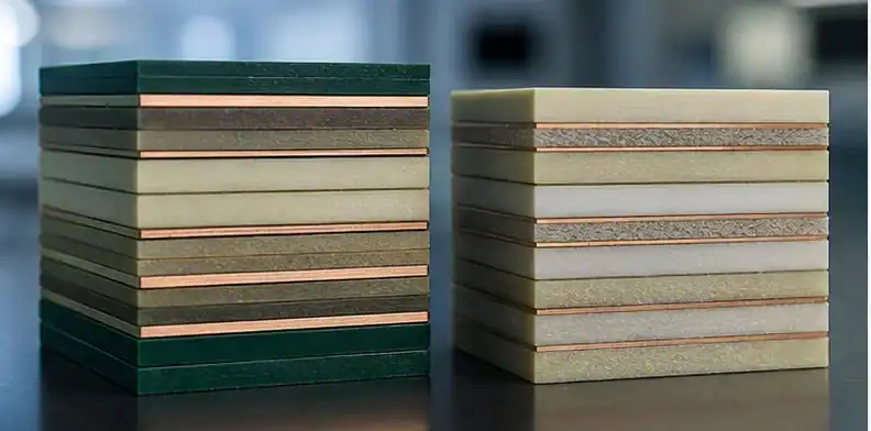 BT substrate and FR-4 stack samples show different laminate constructions for material selection.
