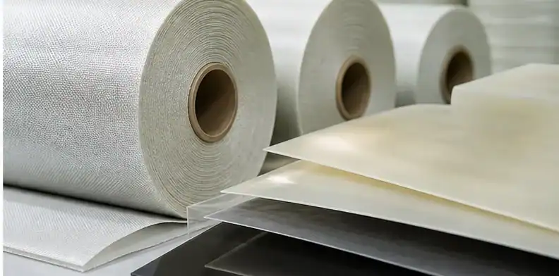 Electronic glass cloth rolls and prepreg sheets show substrate supply-chain inputs.